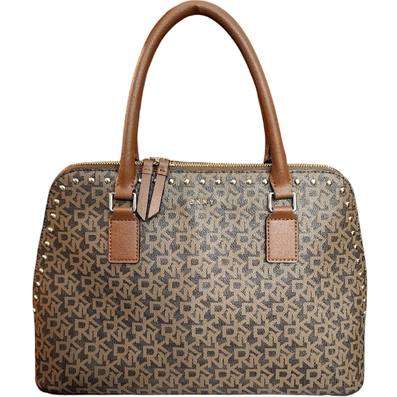 ☆DKNY Brown Monogram Signature Logo Gold Studded Satchel Tote Handbag☆ - Picture 1 of 4